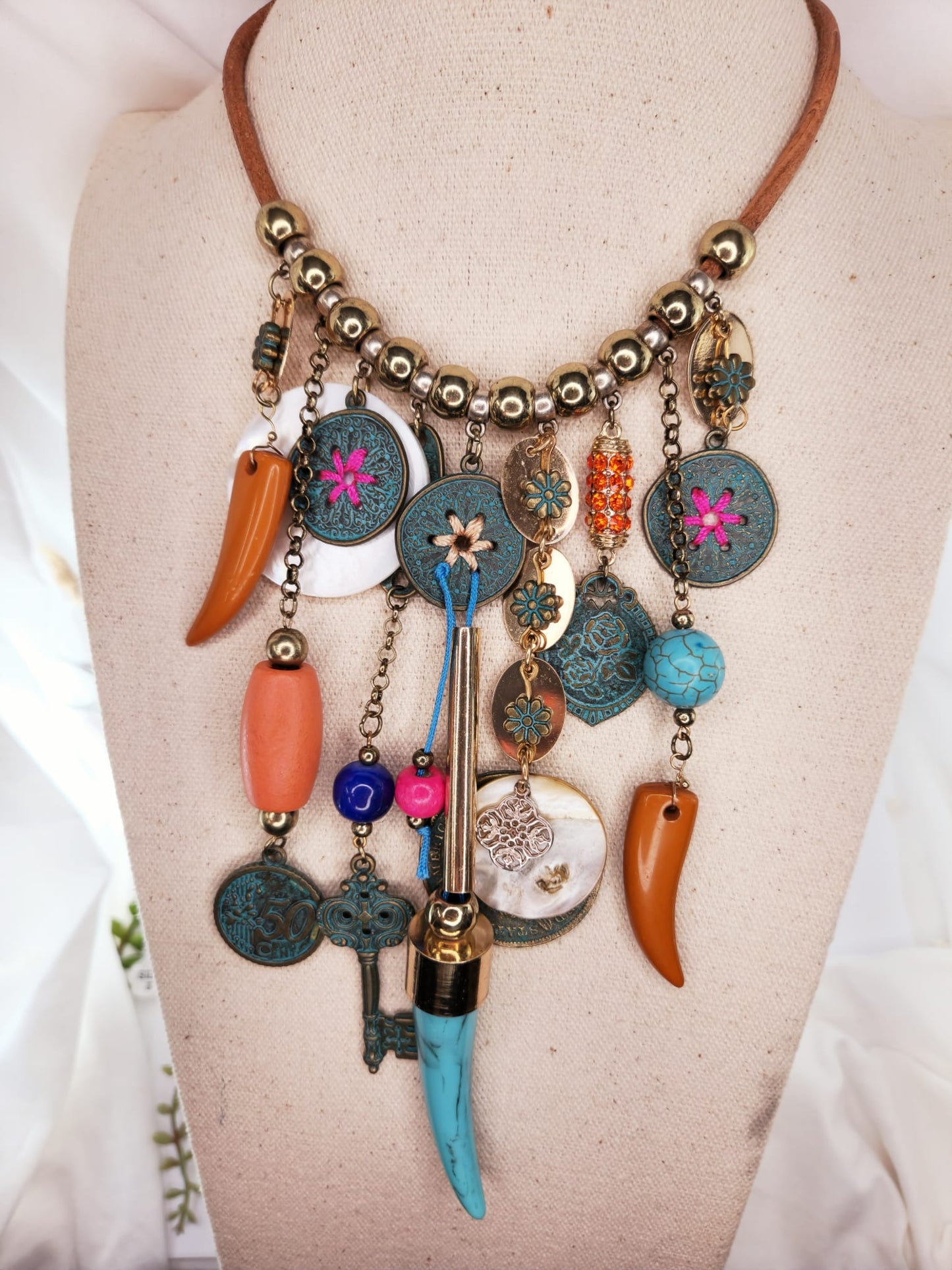 Extravagant Antler Charm Necklace - Keys and Coins