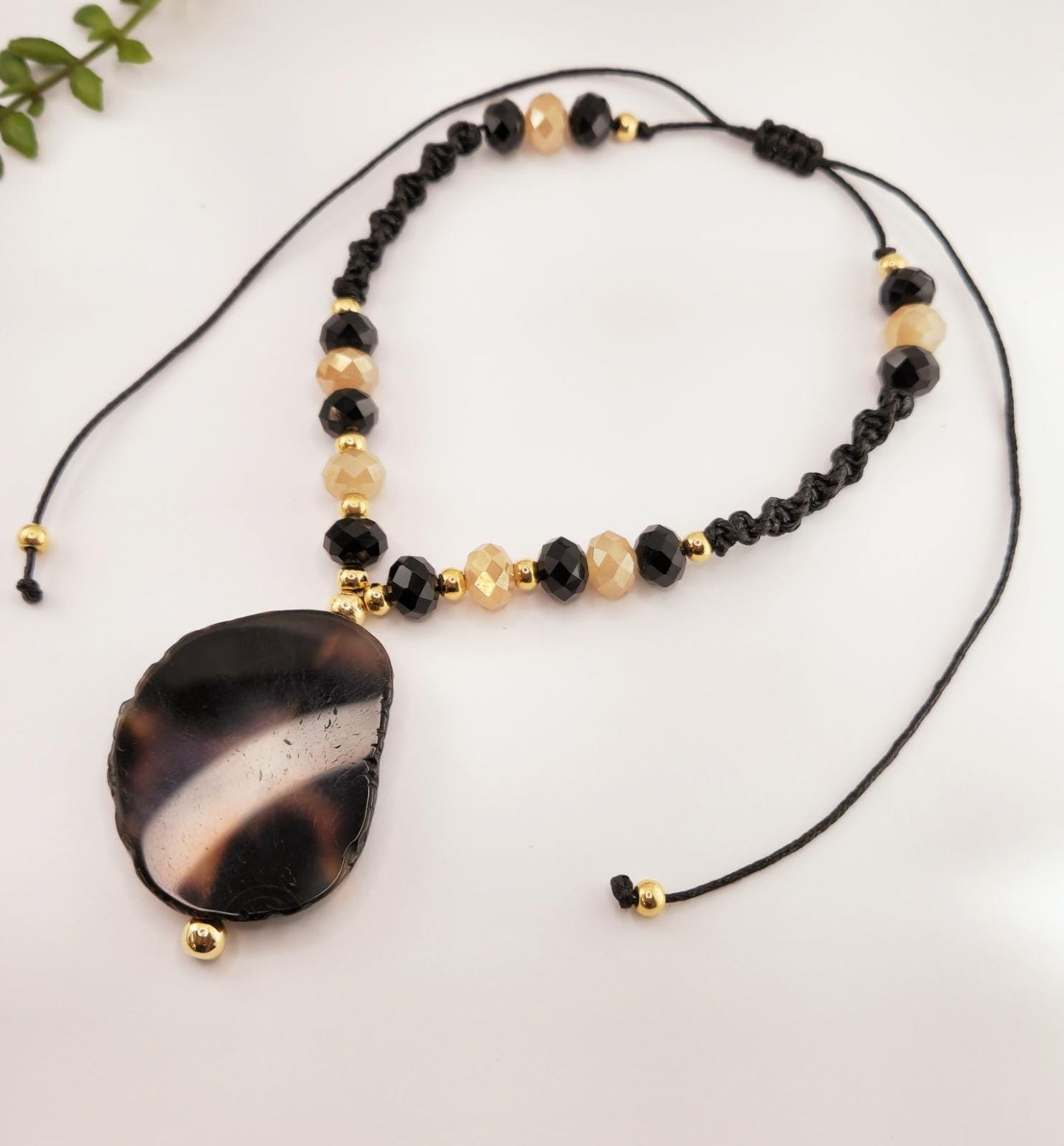 Embroidered Cord Necklace - Agate - Crystals